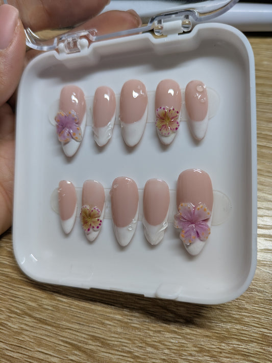 Classic french nails set with 3D flowers and 3D nail art /Almond shape medium length / soft gel tips/ summer nails/ event nails/ wedding-10 pieces