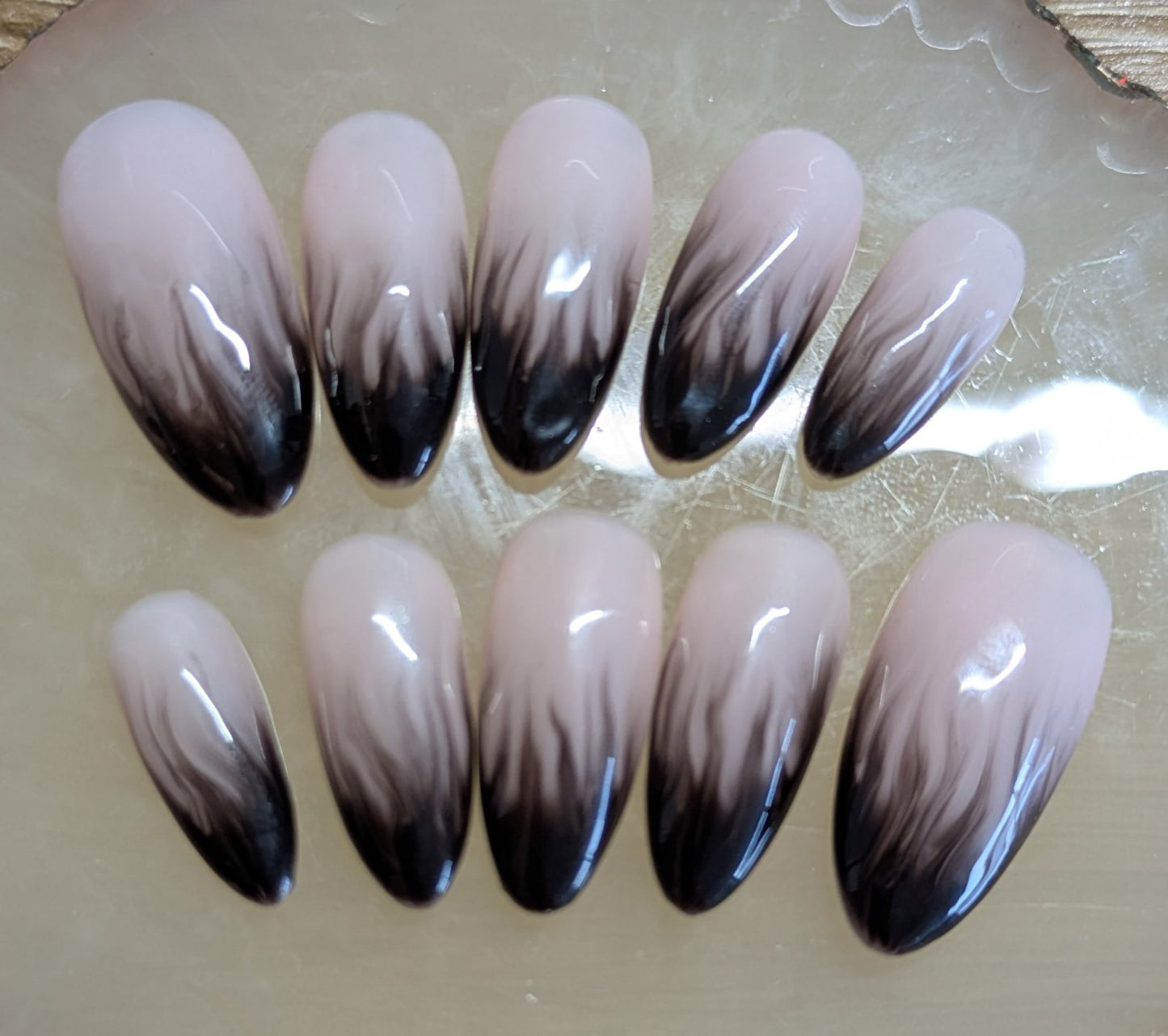 Black Flame Press On Nails – Nude and Black Gradient False Nails, Elegant Medium Almond Shape