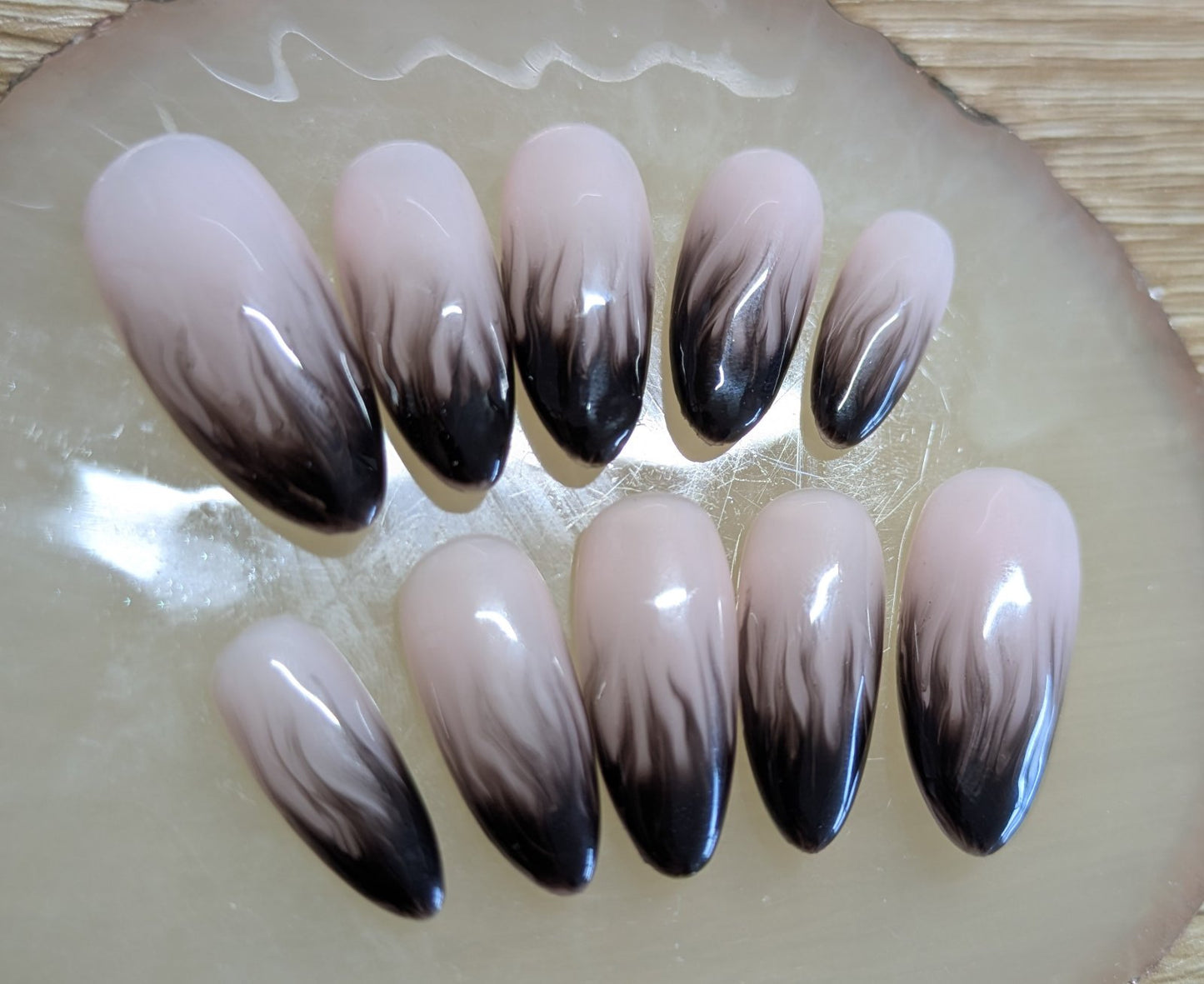 Black Flame Press On Nails – Nude and Black Gradient False Nails, Elegant Medium Almond Shape