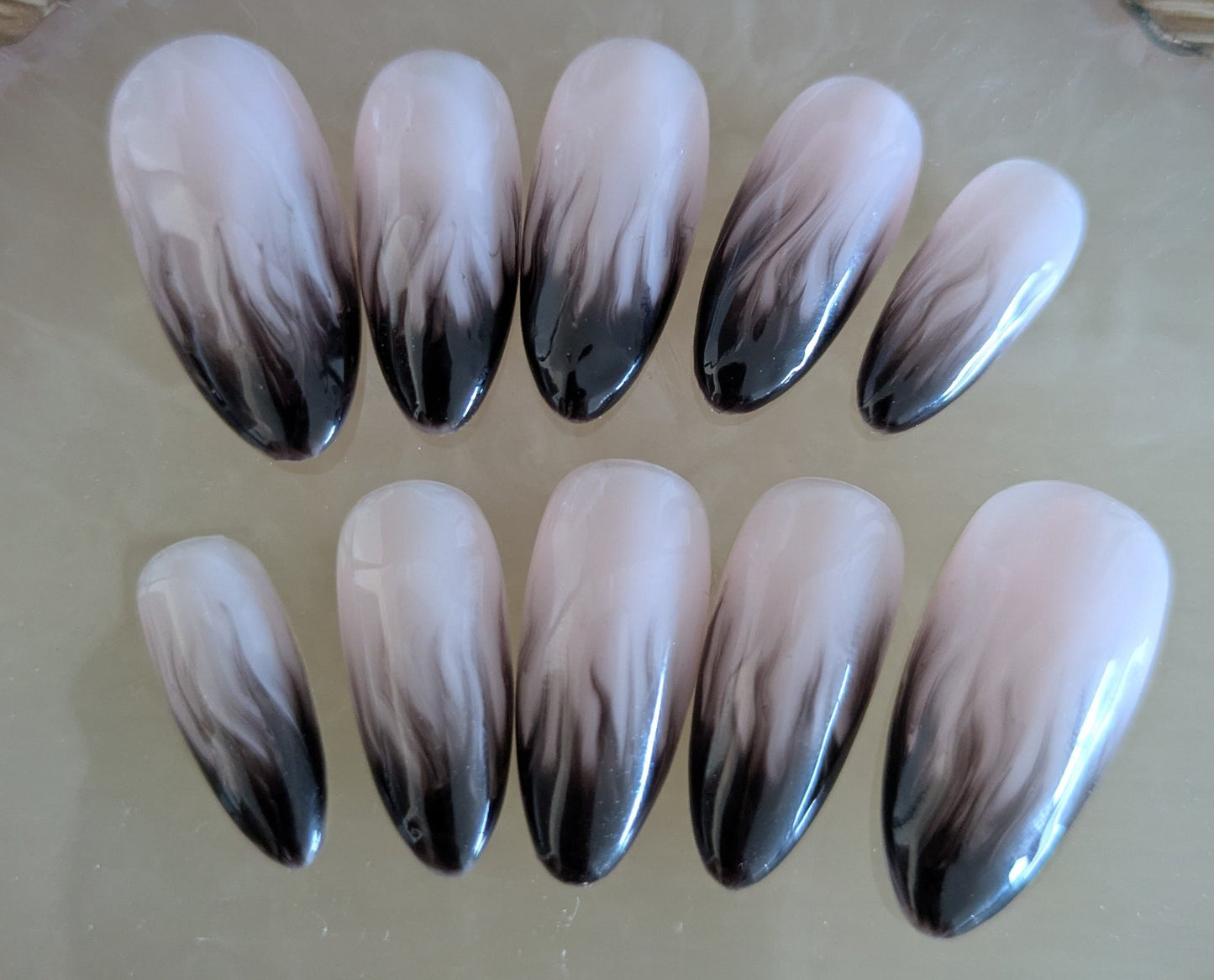 Black Flame Press On Nails – Nude and Black Gradient False Nails, Elegant Medium Almond Shape