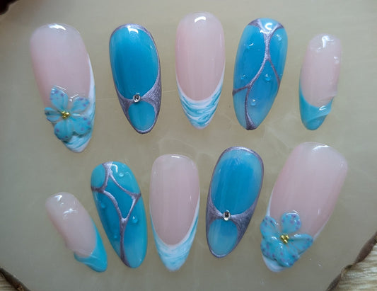 Blue turquoise summer Almond press on nails /french style white and turquoise shades/ 3D flowers /ombre effect/ 10 pieces nails set