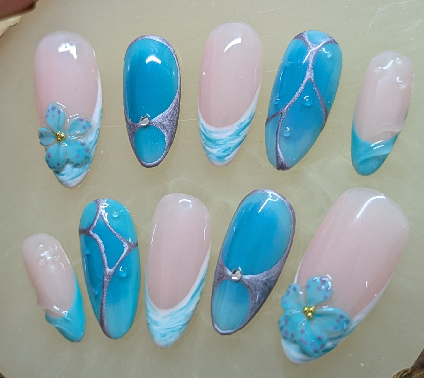 Blue turquoise summer Almond press on nails /french style white and turquoise shades/ 3D flowers /ombre effect/ 10 pieces nails set