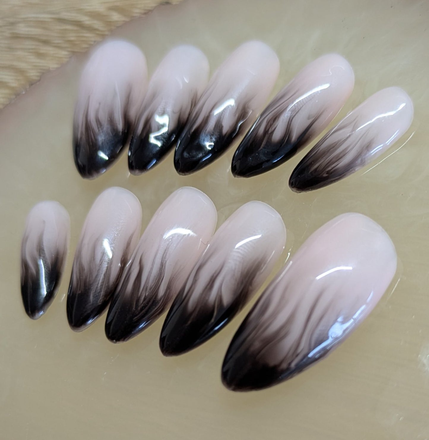 Black Flame Press On Nails – Nude and Black Gradient False Nails, Elegant Medium Almond Shape