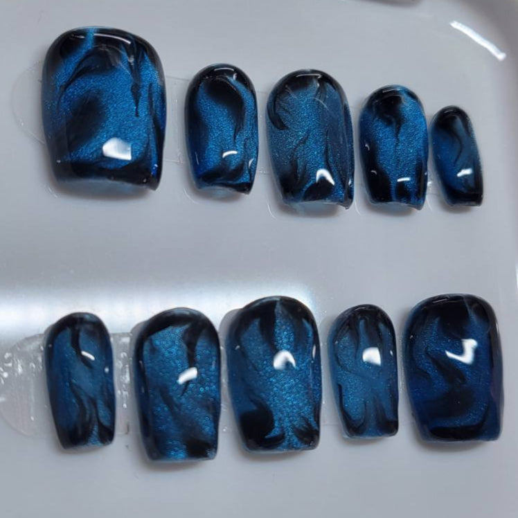 Blue electric Cat eye gel effect with black blooming nail art /short coffin soft gel nail tips 10 pieces