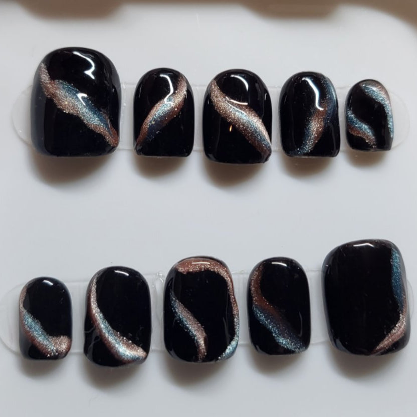 Black marble cat eye gel effect freestyle with glossy top coat short square press on nails- 10 pieces