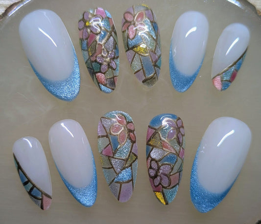Stained Glass nail art, flowers, milky white base colour . blue french style Medium Almond nail set 10 pieces