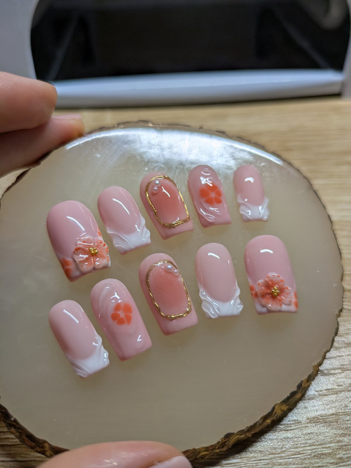 French nails with 3D swirls, 3D flowers , blooming gel flowers and 3D nail art