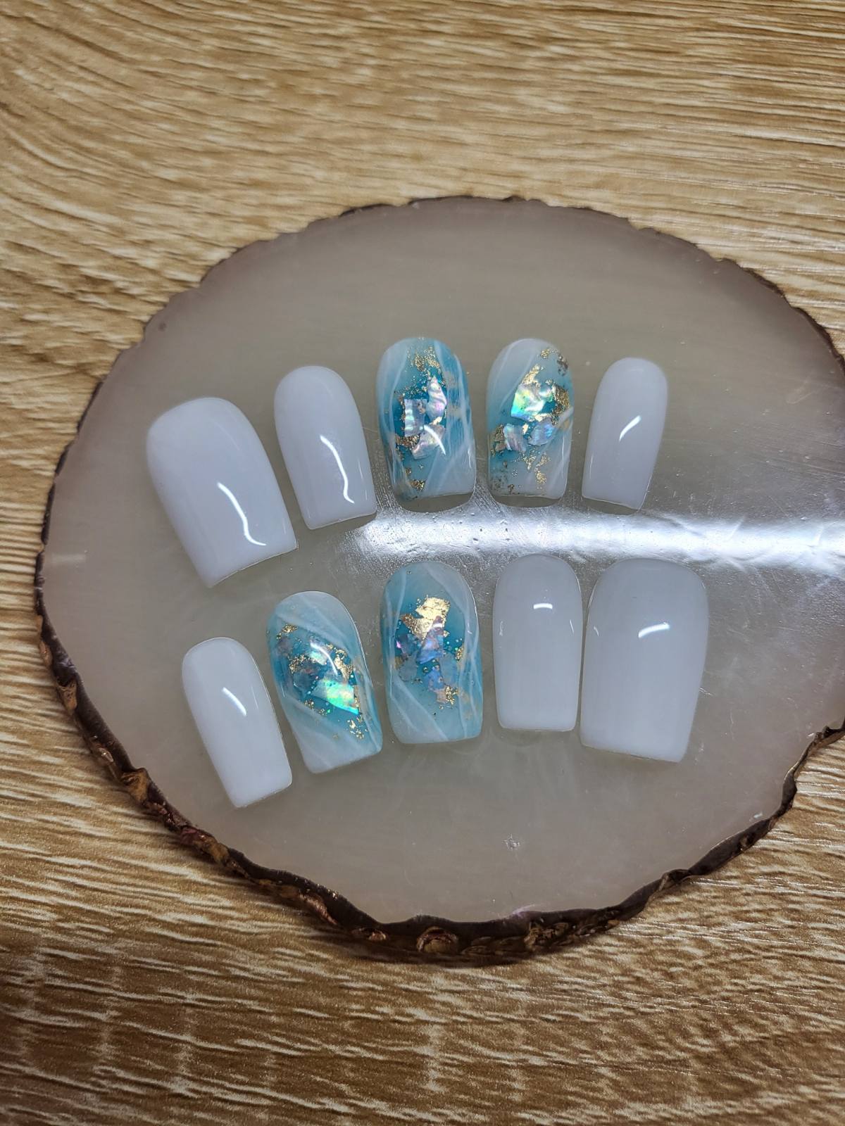 Milky white press on nails set with blue turquoise glitters, shells and gold leaves with marble effect - 10 pieces soft gel nail tips