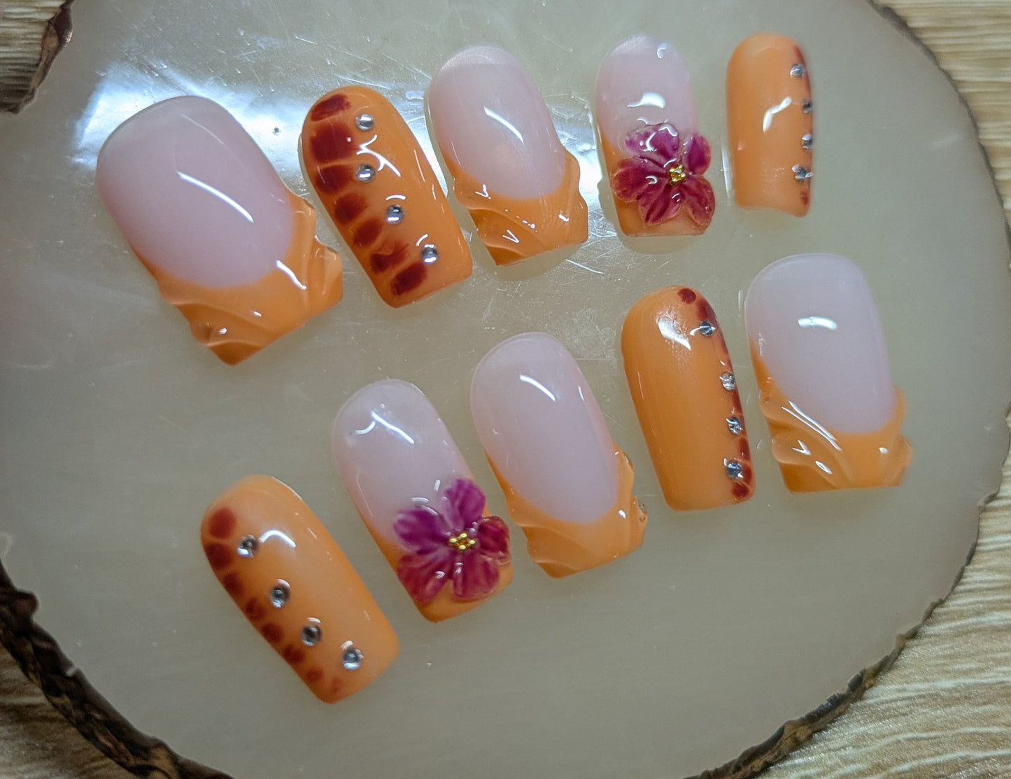 French style orange colour square press on nails with 3D nail art , 3D flowers, blooming nails and rhinestones