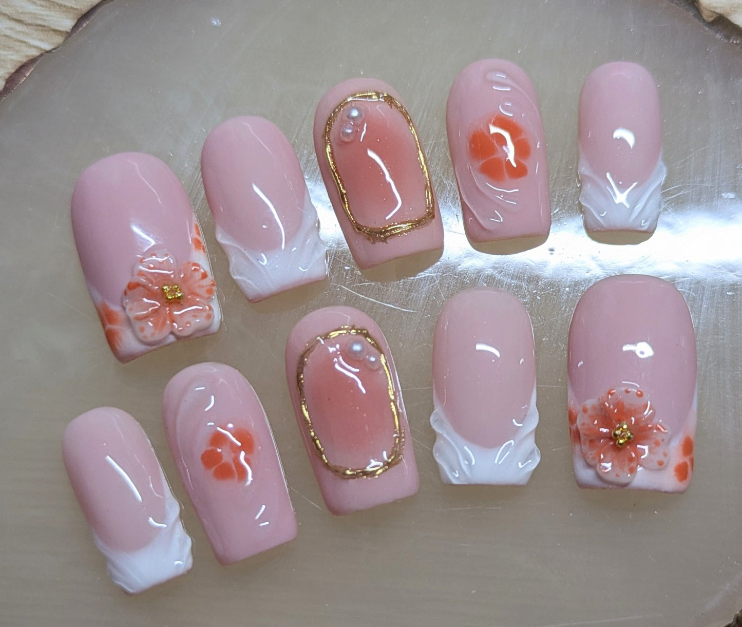 French nails with 3D swirls, 3D flowers , blooming gel flowers and 3D nail art