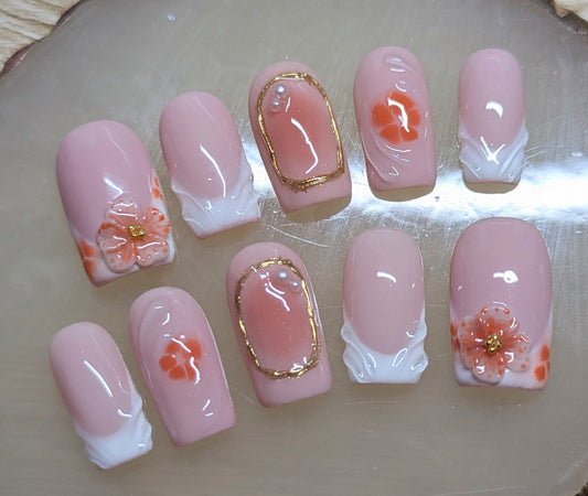 French nails with 3D swirls, 3D flowers , blooming gel flowers and 3D nail art