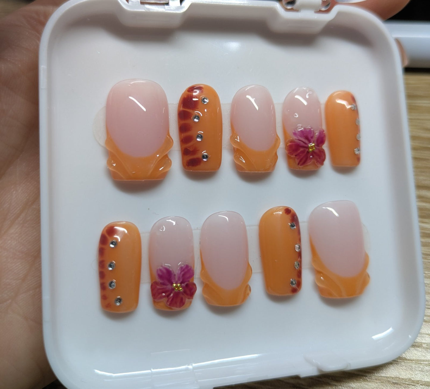 French style orange colour square press on nails with 3D nail art , 3D flowers, blooming nails and rhinestones