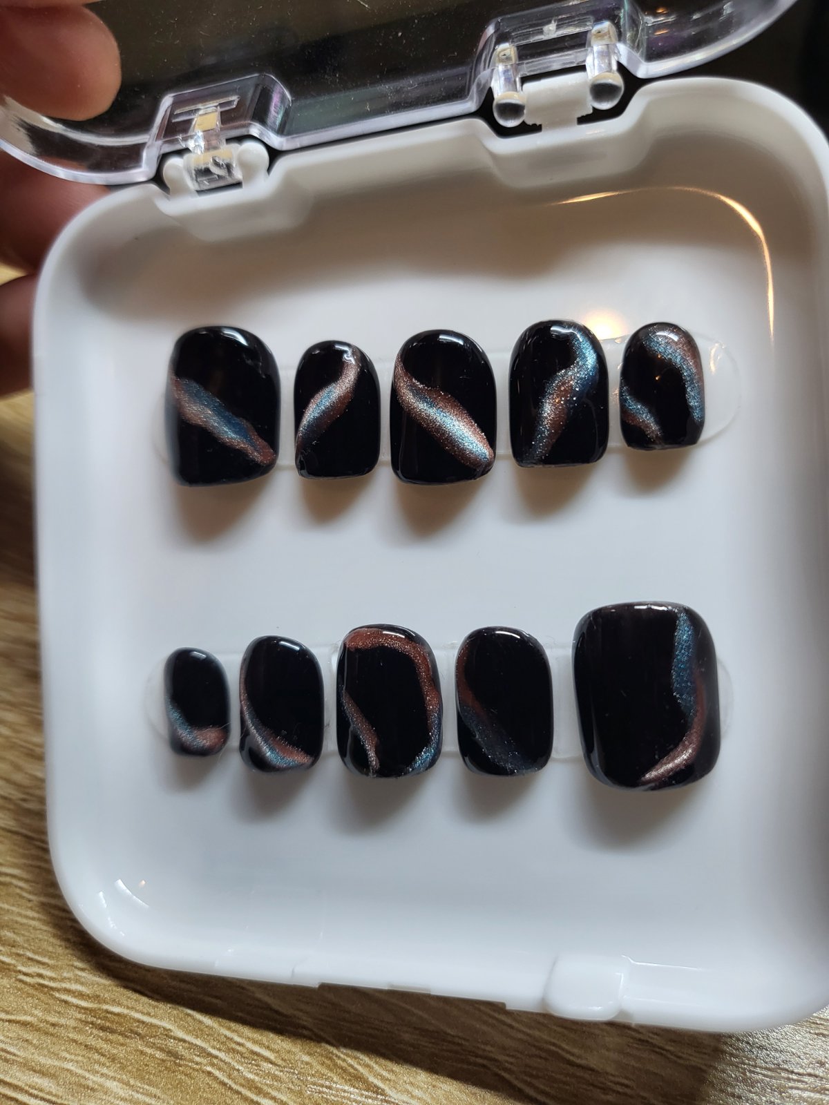 Black marble cat eye gel effect freestyle with glossy top coat short square press on nails- 10 pieces