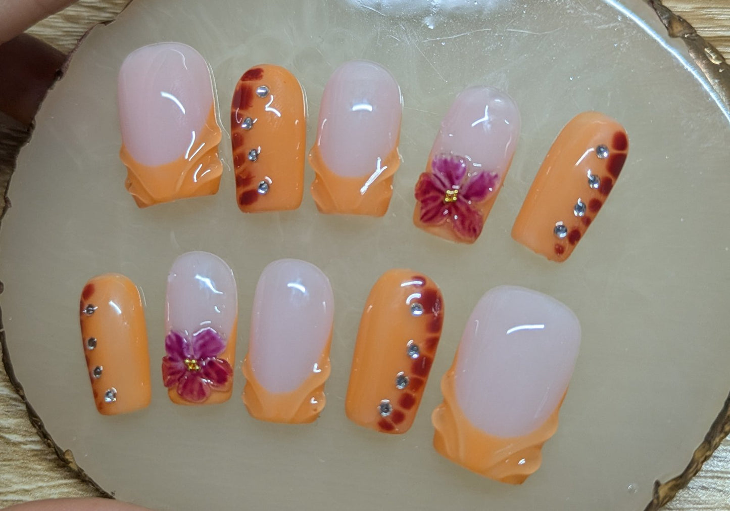 French style orange colour square press on nails with 3D nail art , 3D flowers, blooming nails and rhinestones