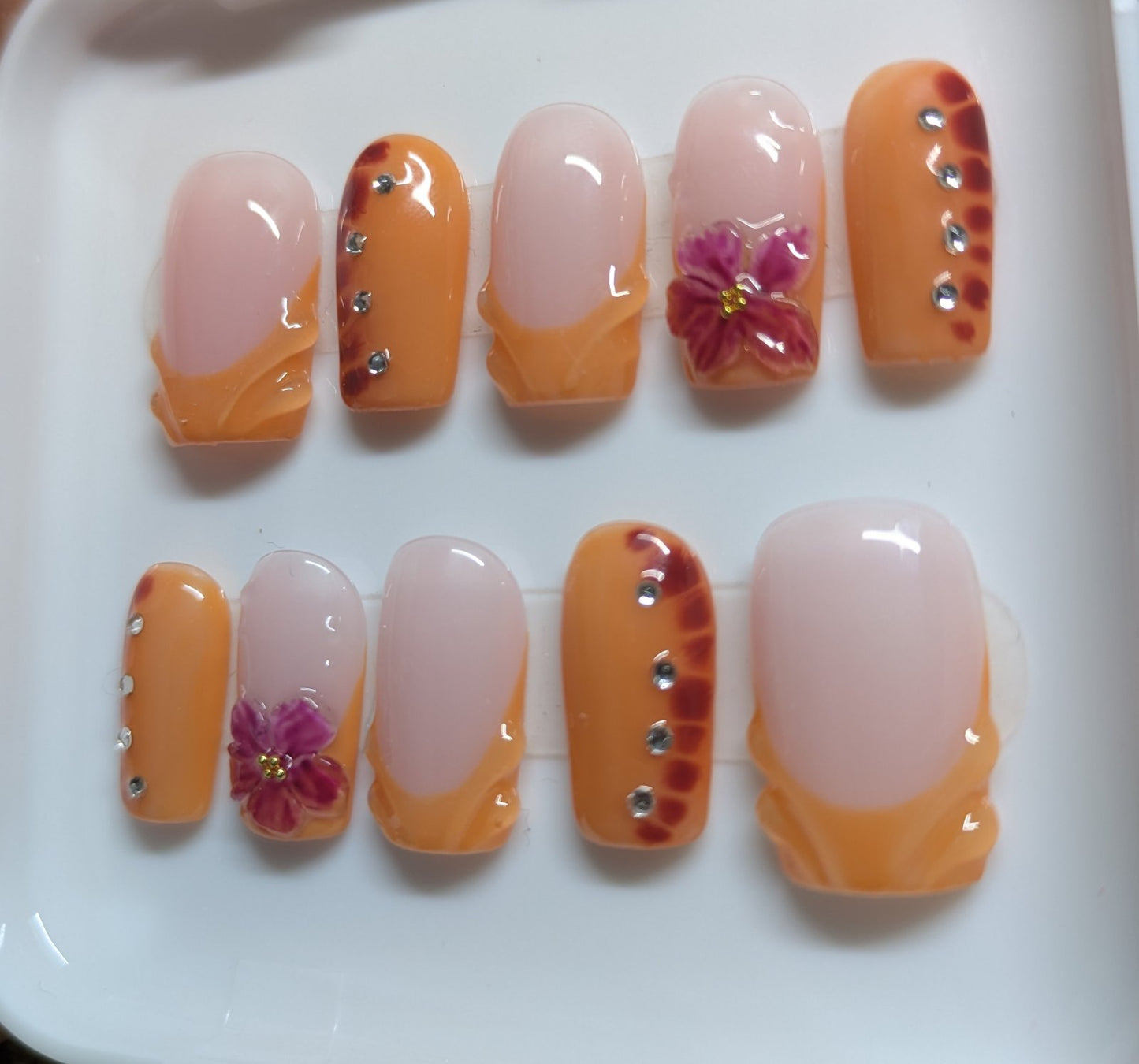 French style orange colour square press on nails with 3D nail art , 3D flowers, blooming nails and rhinestones