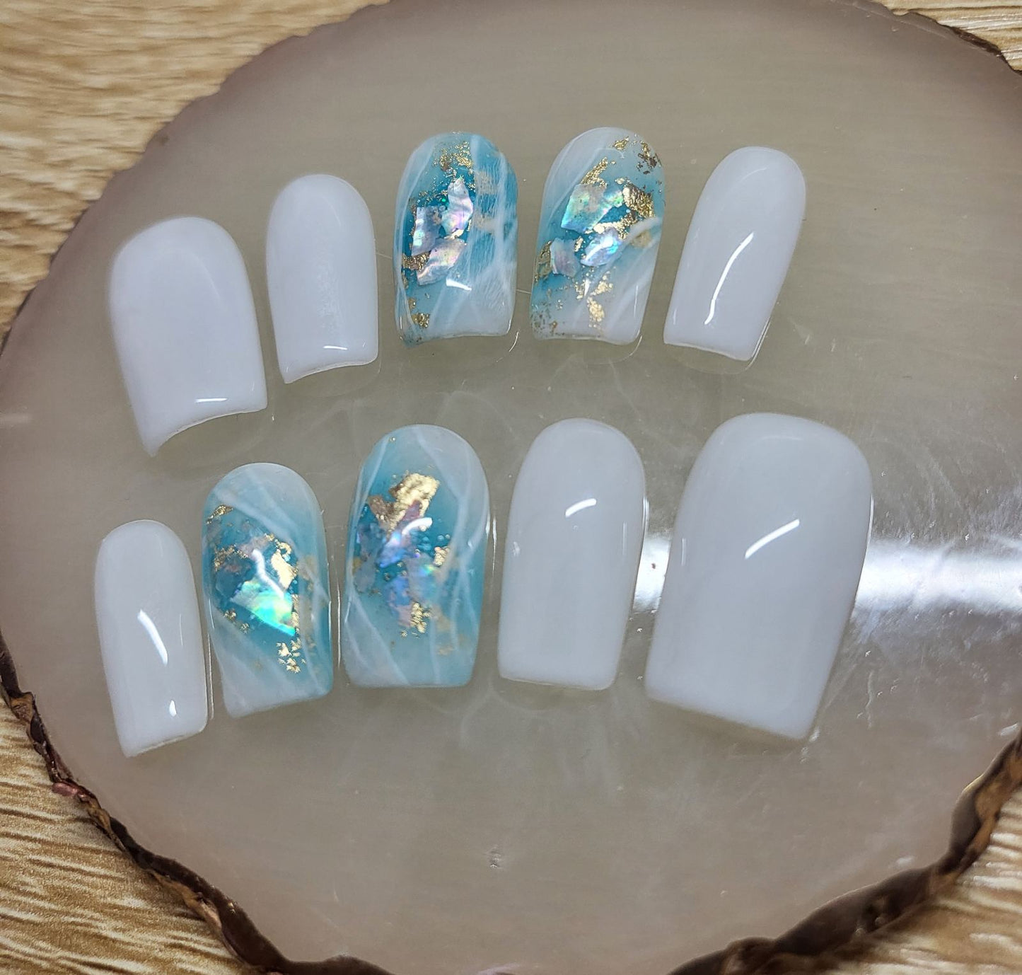 Milky white press on nails set with blue turquoise glitters, shells and gold leaves with marble effect - 10 pieces soft gel nail tips