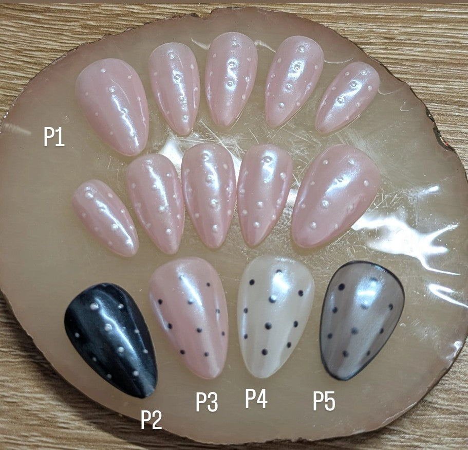 Pink pearly polka dot Press on nails/ Black/ pearly Gray /milky white /Pink with Black polka dots Short Almond shape