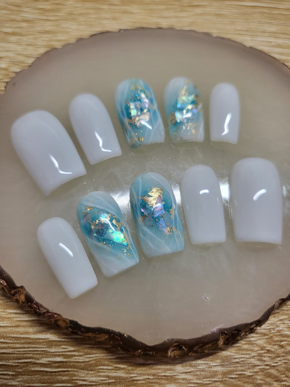 Milky white press on nails set with blue turquoise glitters, shells and gold leaves with marble effect - 10 pieces soft gel nail tips