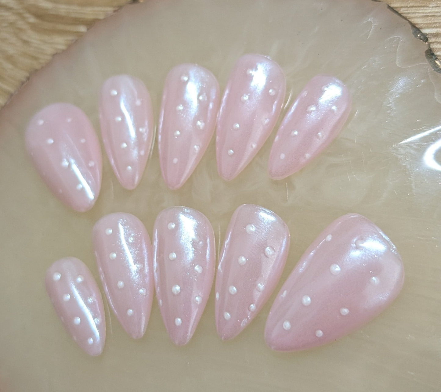 Pink pearly polka dot Press on nails/ Black/ pearly Gray /milky white /Pink with Black polka dots Short Almond shape