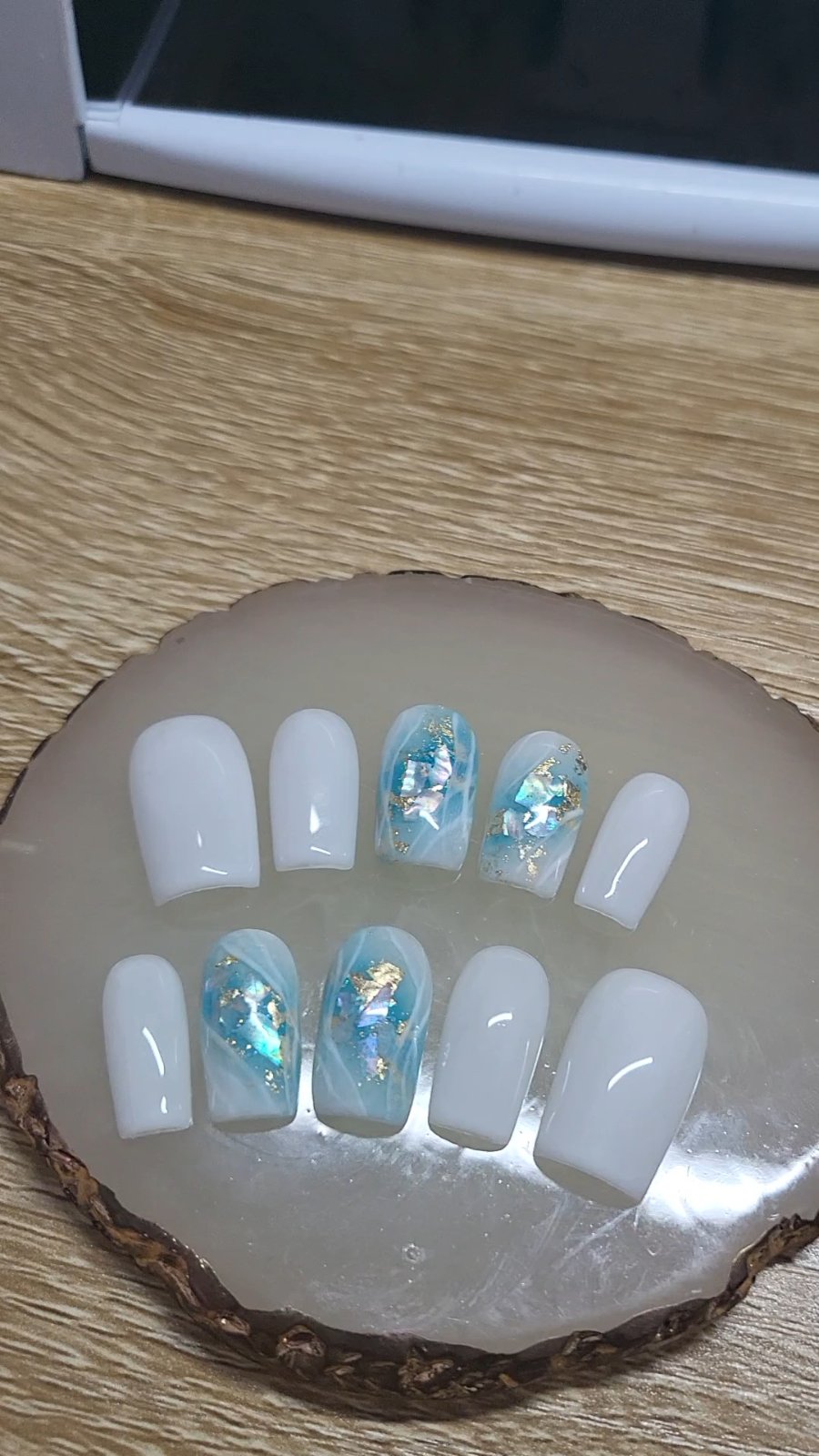 Milky white press on nails set with blue turquoise glitters, shells and gold leaves with marble effect - 10 pieces soft gel nail tips