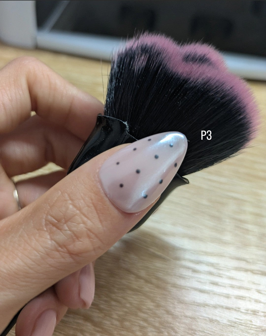 Pink pearly polka dot Press on nails/ Black/ pearly Gray /milky white /Pink with Black polka dots Short Almond shape