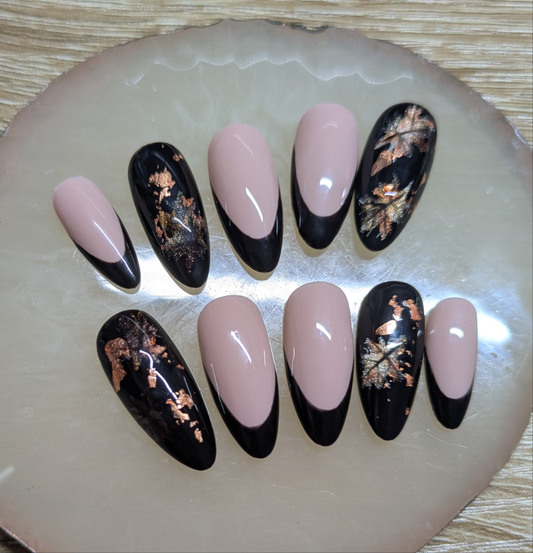 Maple leafs cat eye effect Fall / Autumn /press on nails With Black French tip and nude base /Luxury handmade Long lasting nails