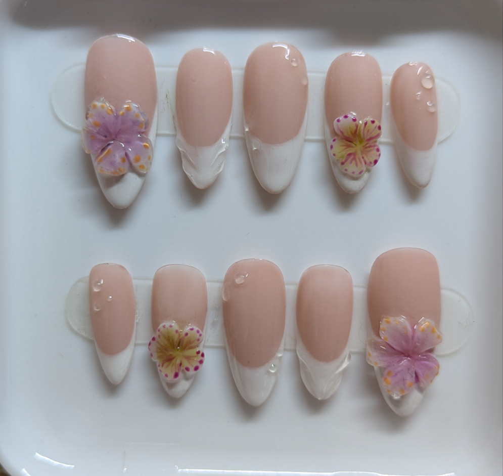 Classic french nails set with  3D flowers and 3D nail art /Almond shape medium length / soft gel tips/ summer nails/ event nails/ wedding-10 pieces