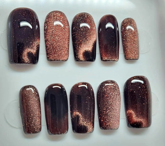 Cat eye hearts on black colour base/cat eye rose/pink colour /medium length square press on nails