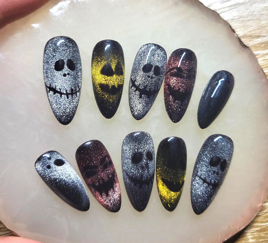 Halloween theme Inspired press on nails set with cat eye creepy faces spooky ghosts perfect for Halloween parties and events