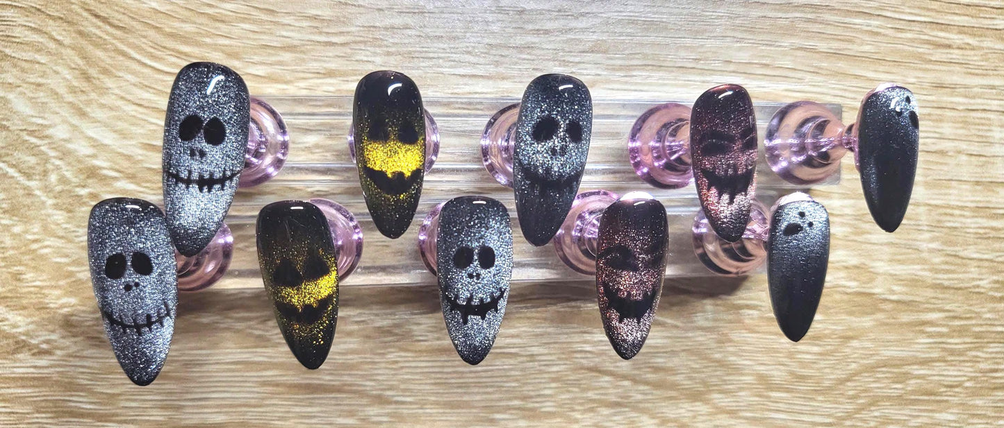 Halloween theme Inspired press on nails set with cat eye creepy faces spooky ghosts perfect for Halloween parties and events