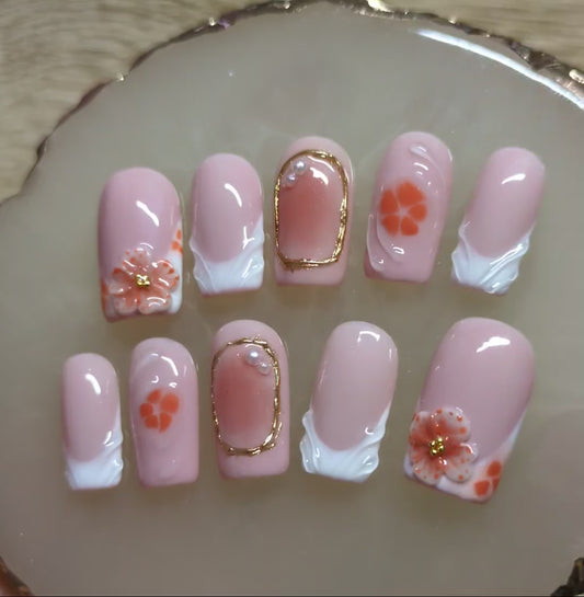 French nails with 3D swirls, 3D flowers , blooming gel flowers and 3D nail art
