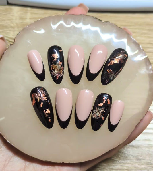 Maple leafs cat eye effect Fall / Autumn /press on nails With Black French tip and nude base /Luxury handmade Long lasting nails