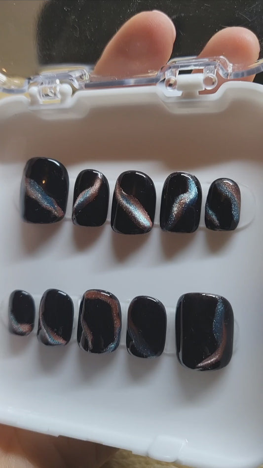 Black marble cat eye gel effect freestyle with glossy top coat short square press on nails- 10 pieces
