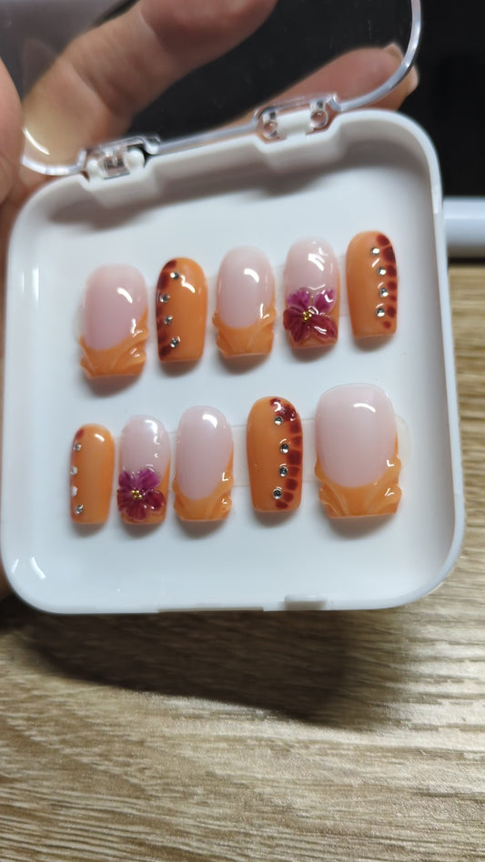 French style orange colour square press on nails with 3D nail art , 3D flowers, blooming nails and rhinestones