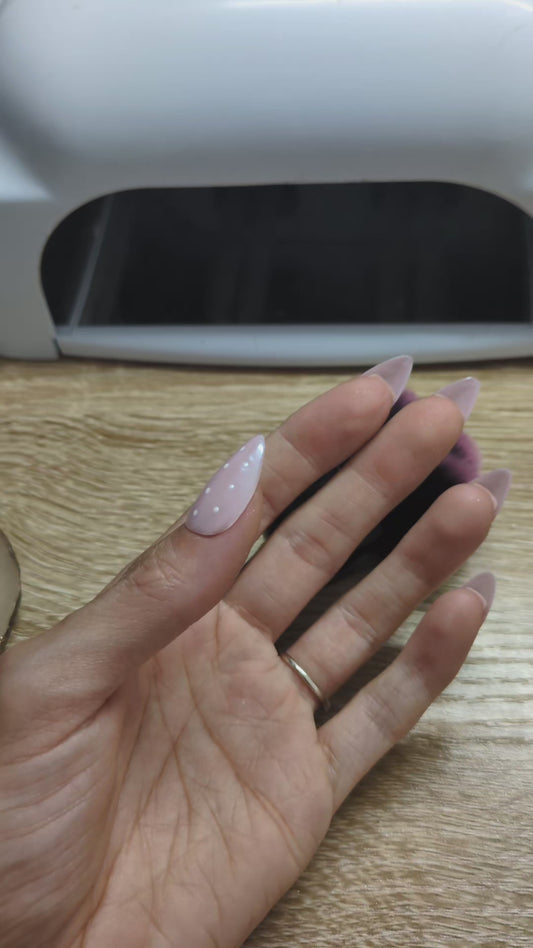 Pink pearly polka dot Press on nails/ Black/ pearly Gray /milky white /Pink with Black polka dots Short Almond shape