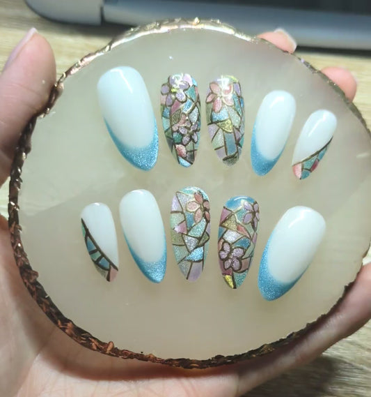 Stained Glass nail art, flowers, milky white base colour . blue french style Medium Almond nail set 10 pieces