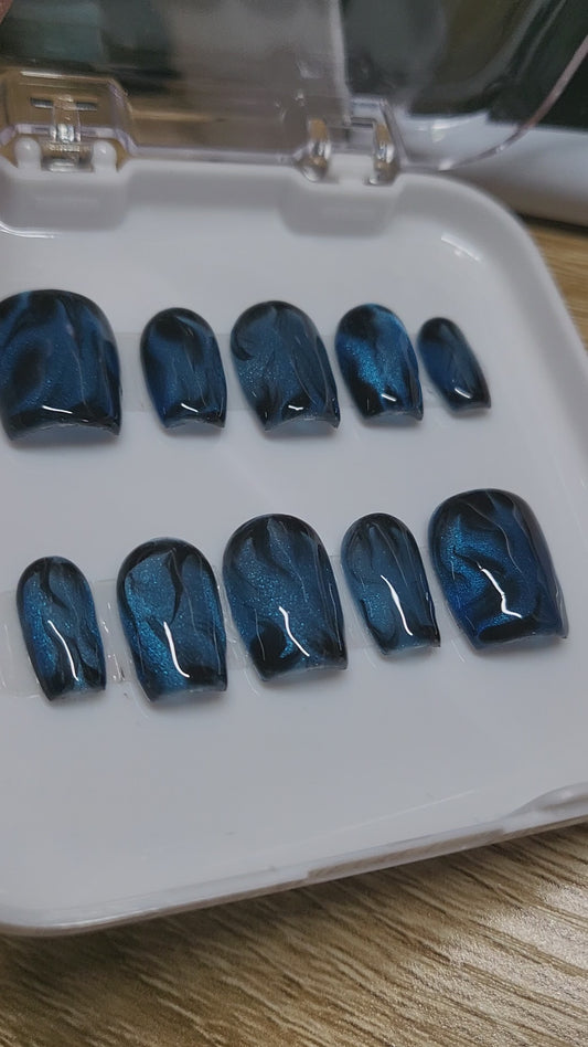 Blue electric Cat eye gel effect with black blooming nail art /short coffin soft gel nail tips 10 pieces
