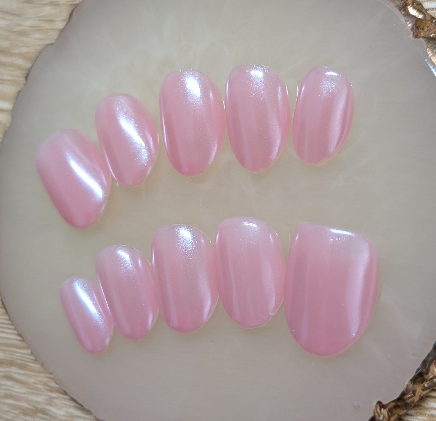 Pink pearly short oval press on nails set-10 pieces