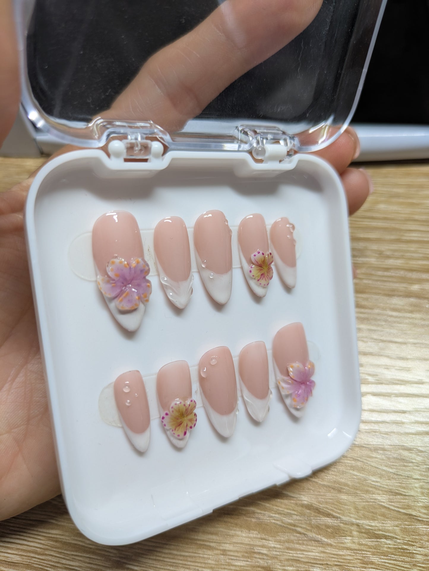 Classic french nails set with  3D flowers and 3D nail art /Almond shape medium length / soft gel tips/ summer nails/ event nails/ wedding-10 pieces