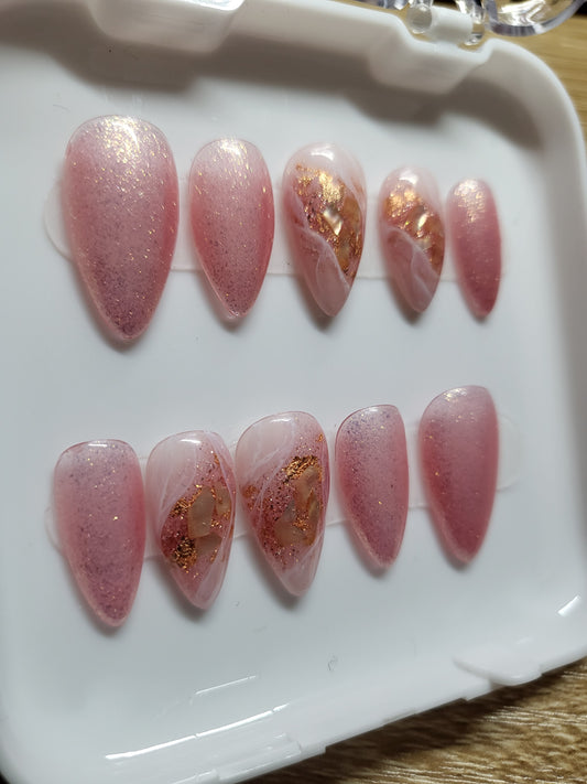 Pink glitter Almond press on nails set with marble design