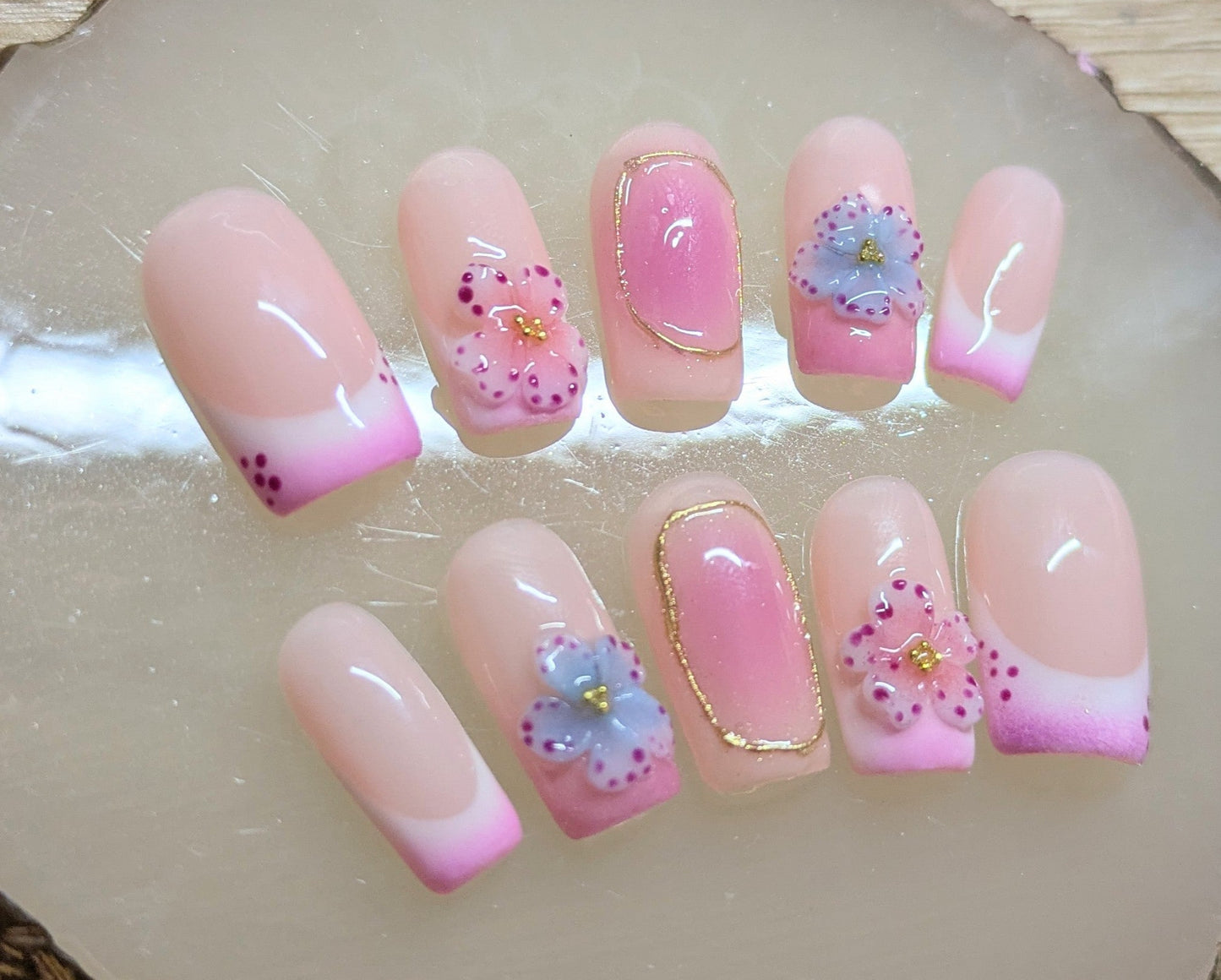 French white pink square press on nails/ ombre with 3D flowers And chrome nail art / summer spring nails