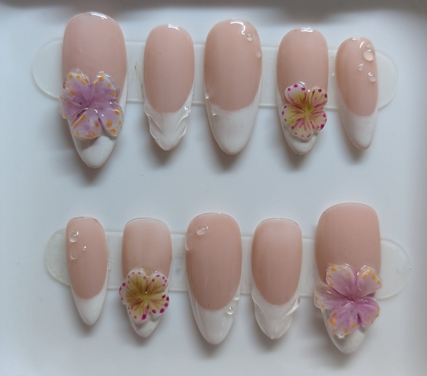 Classic french nails set with  3D flowers and 3D nail art /Almond shape medium length / soft gel tips/ summer nails/ event nails/ wedding-10 pieces