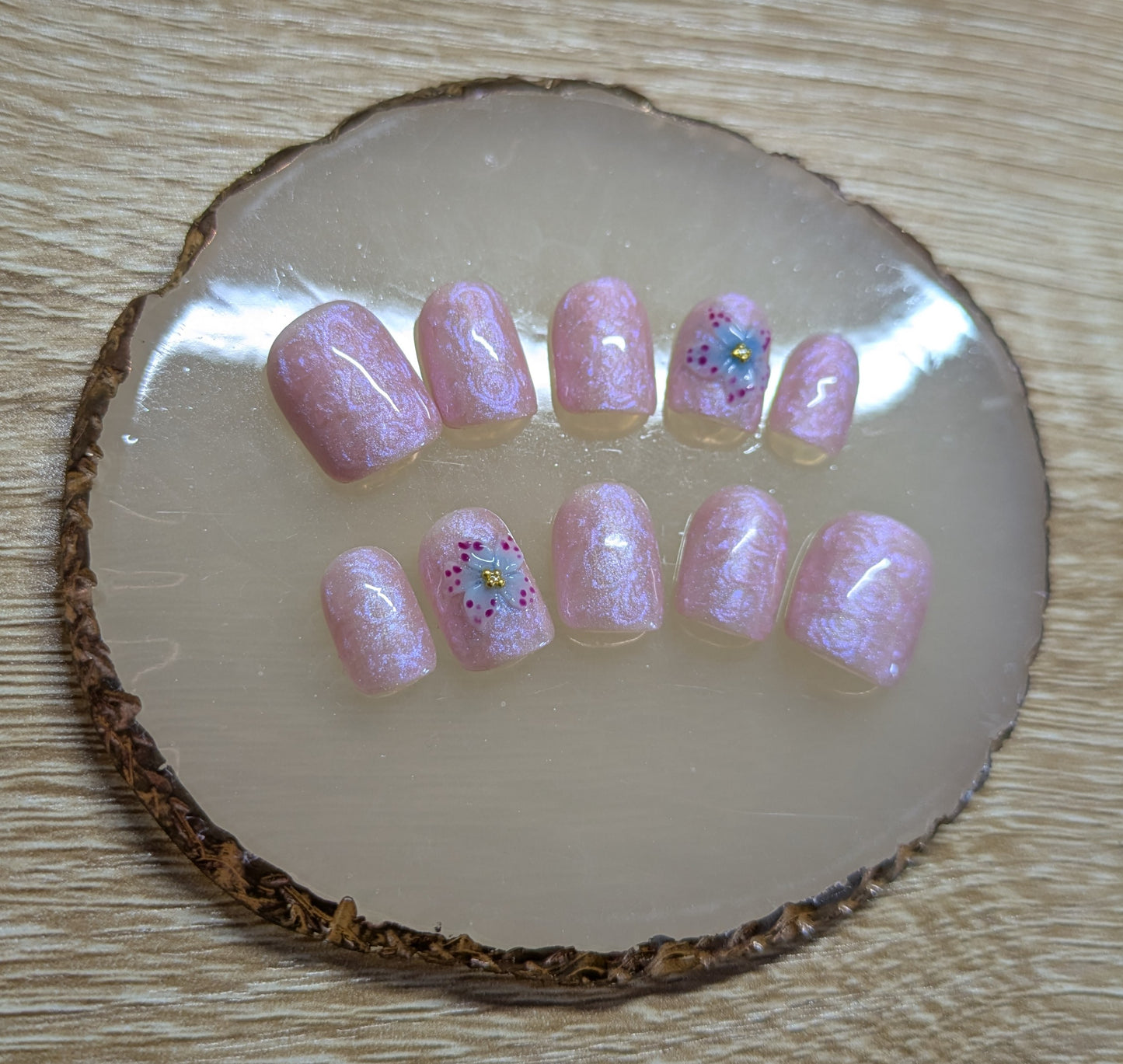 Pink with Blue shades pearly swirls with 3D exotic flower /short square soft gel tips/ summer nails/exotic / tropical nails/vacation nails - 10 pieces