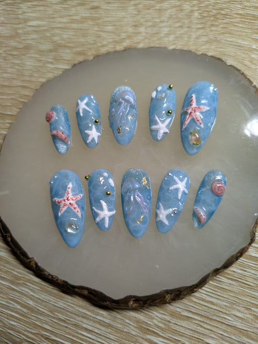 Almond medium length press on nails set/ Beach theme with starfish ,jellyfish,seashells and water effect