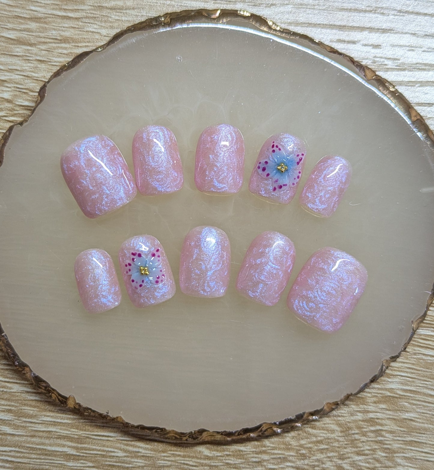 Pink with Blue shades pearly swirls with 3D exotic flower /short square soft gel tips/ summer nails/exotic / tropical nails/vacation nails - 10 pieces