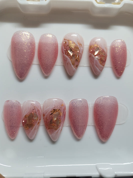 Pink glitter Almond press on nails set with marble design