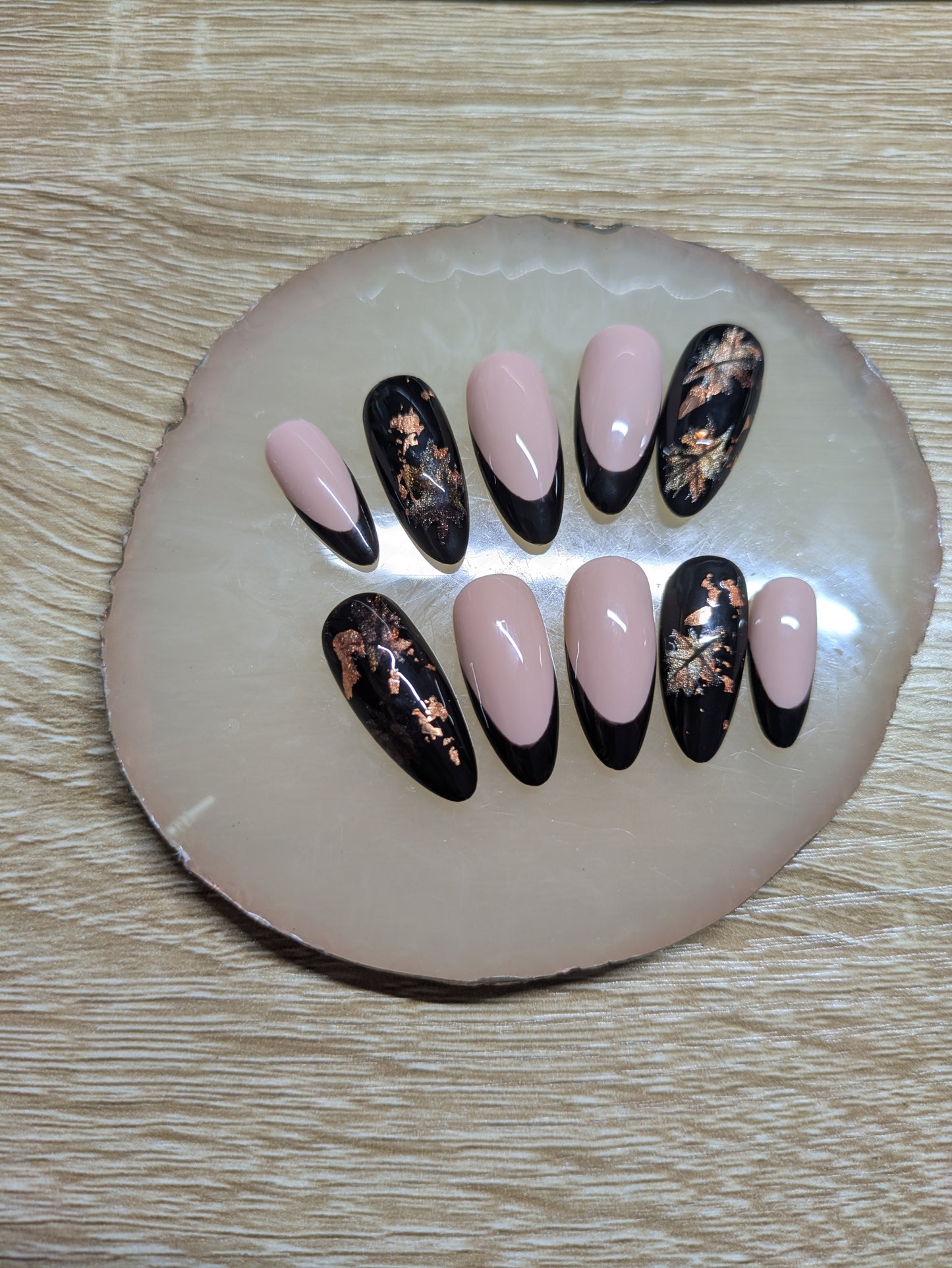 Maple leafs cat eye effect Fall / Autumn /press on nails With Black French tip and nude base /Luxury handmade Long lasting nails