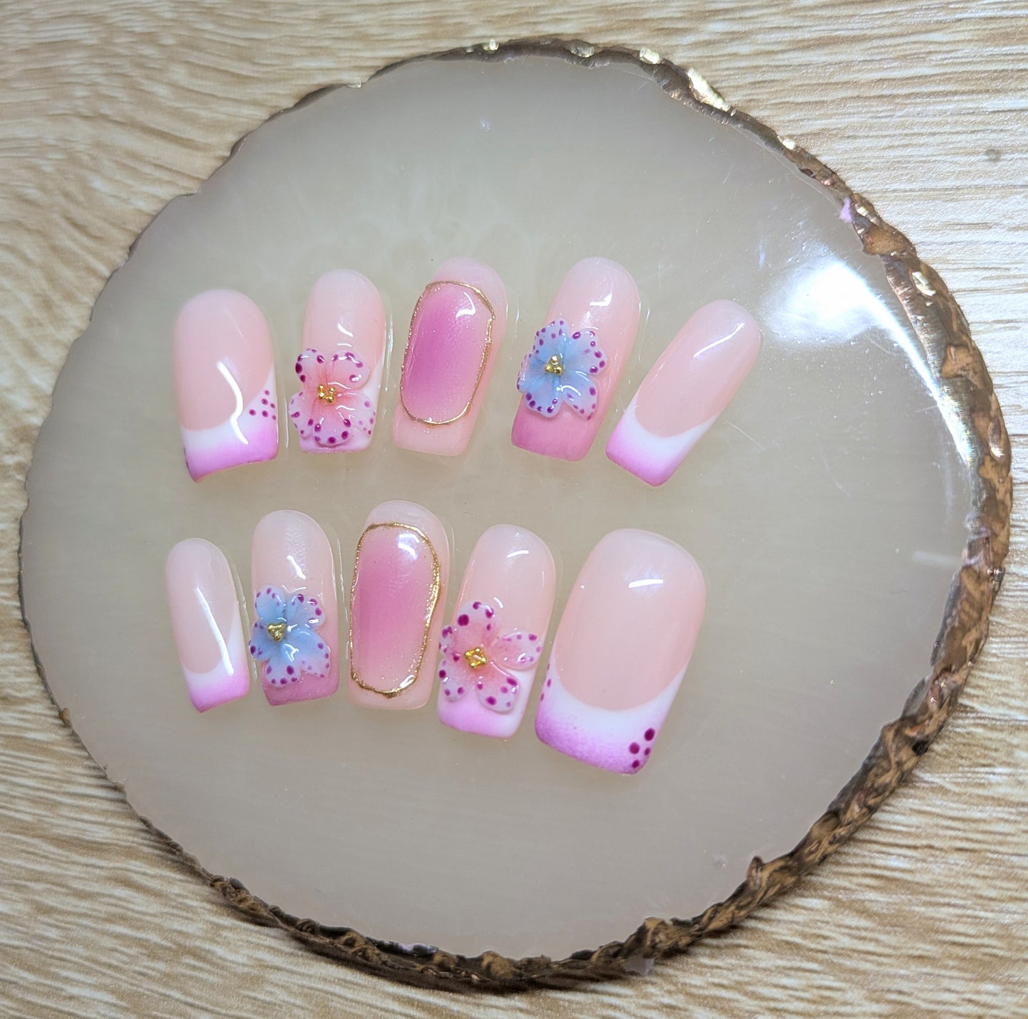 French white pink square press on nails/ ombre with 3D flowers And chrome nail art / summer spring nails