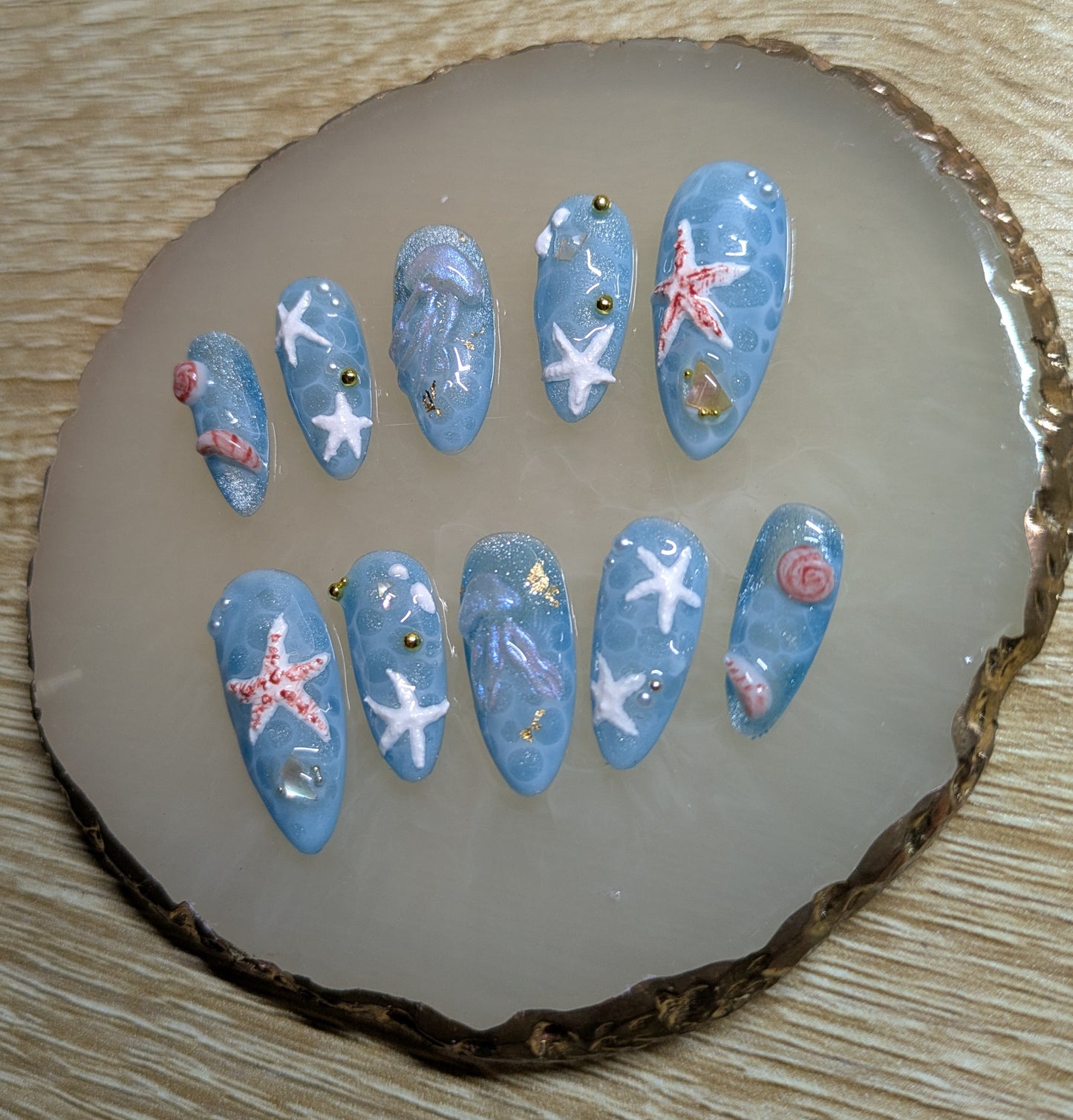 Almond medium length press on nails set/ Beach theme with starfish ,jellyfish,seashells and water effect