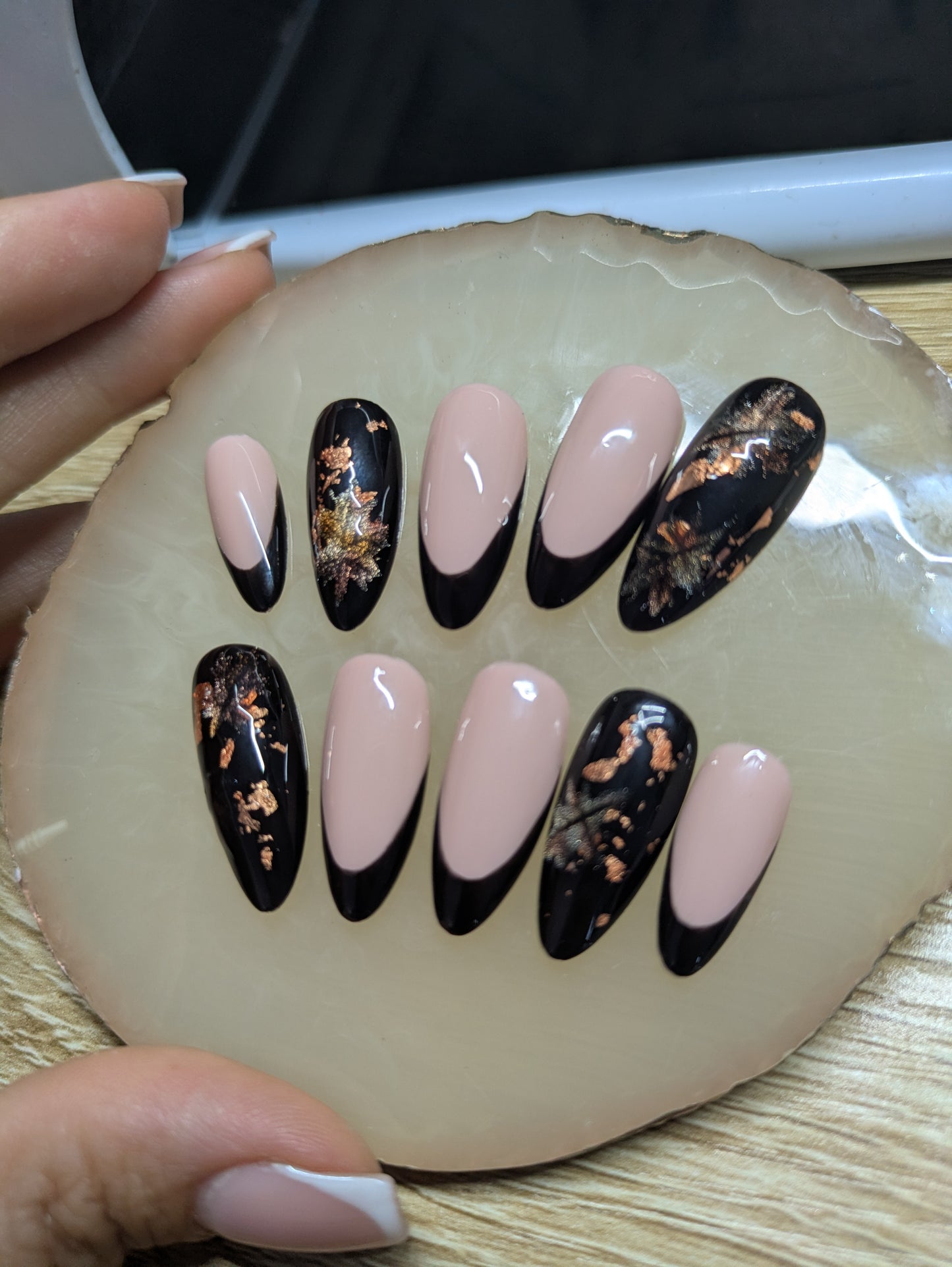 Maple leafs cat eye effect Fall / Autumn /press on nails With Black French tip and nude base /Luxury handmade Long lasting nails